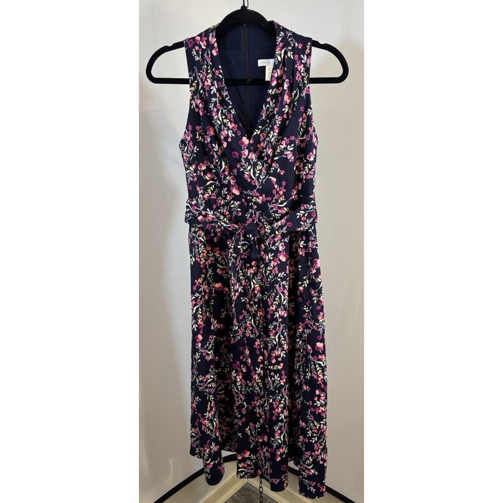 🔥SALE🔥 London Times Midi Dress Multi Floral A-Line Belted Sleeveless Stretch 2